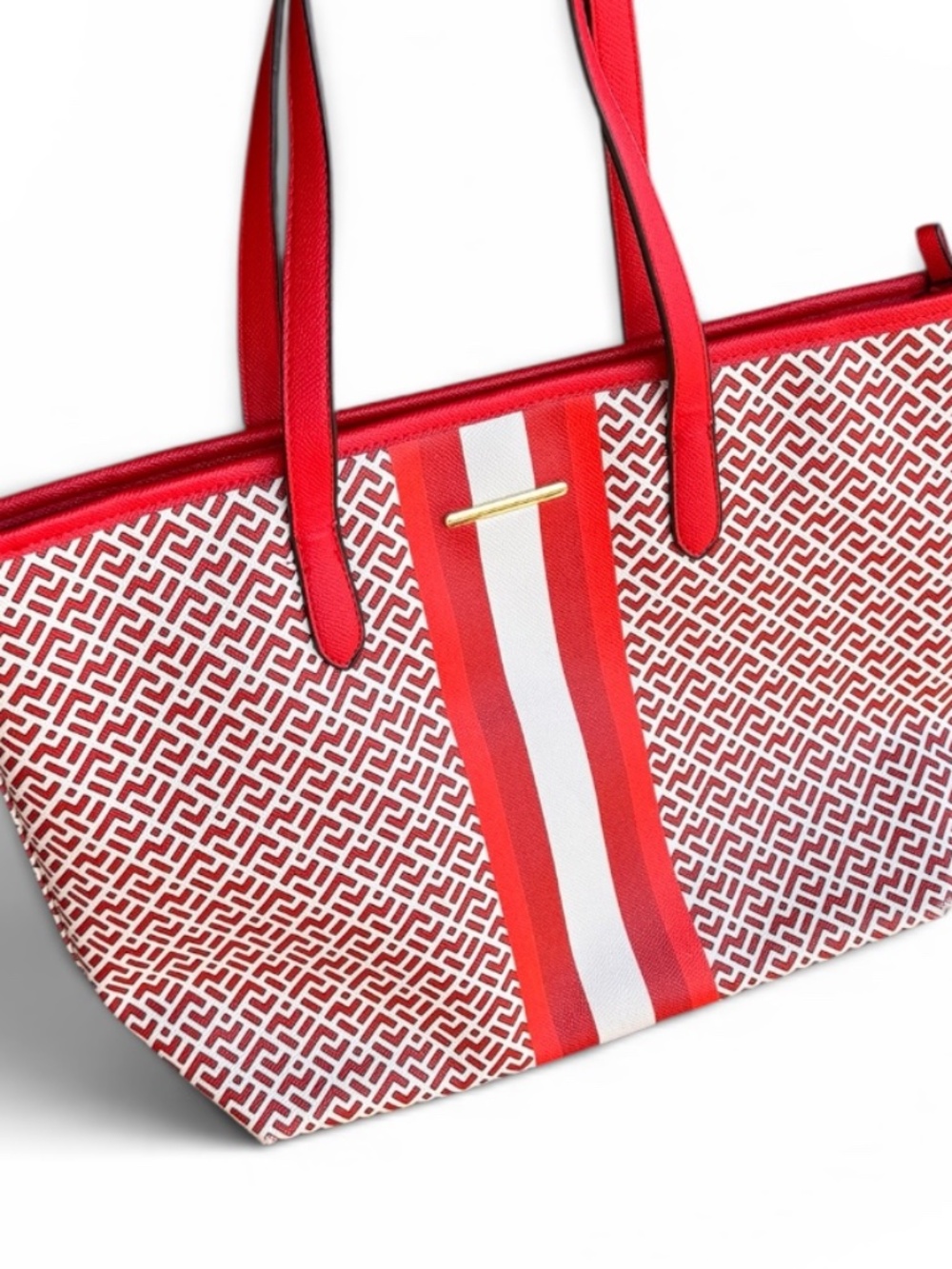 Red & White Geometric Print Tote Bag Zip Top Shoulder Purse